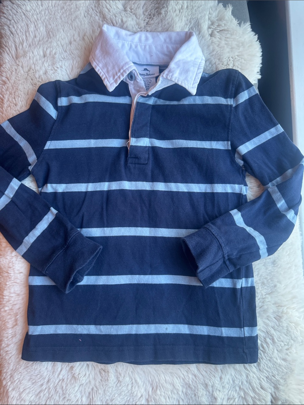 Tommy Bahama size 5/6 Navy and Light Blue Striped Rugby Polo with White Collar